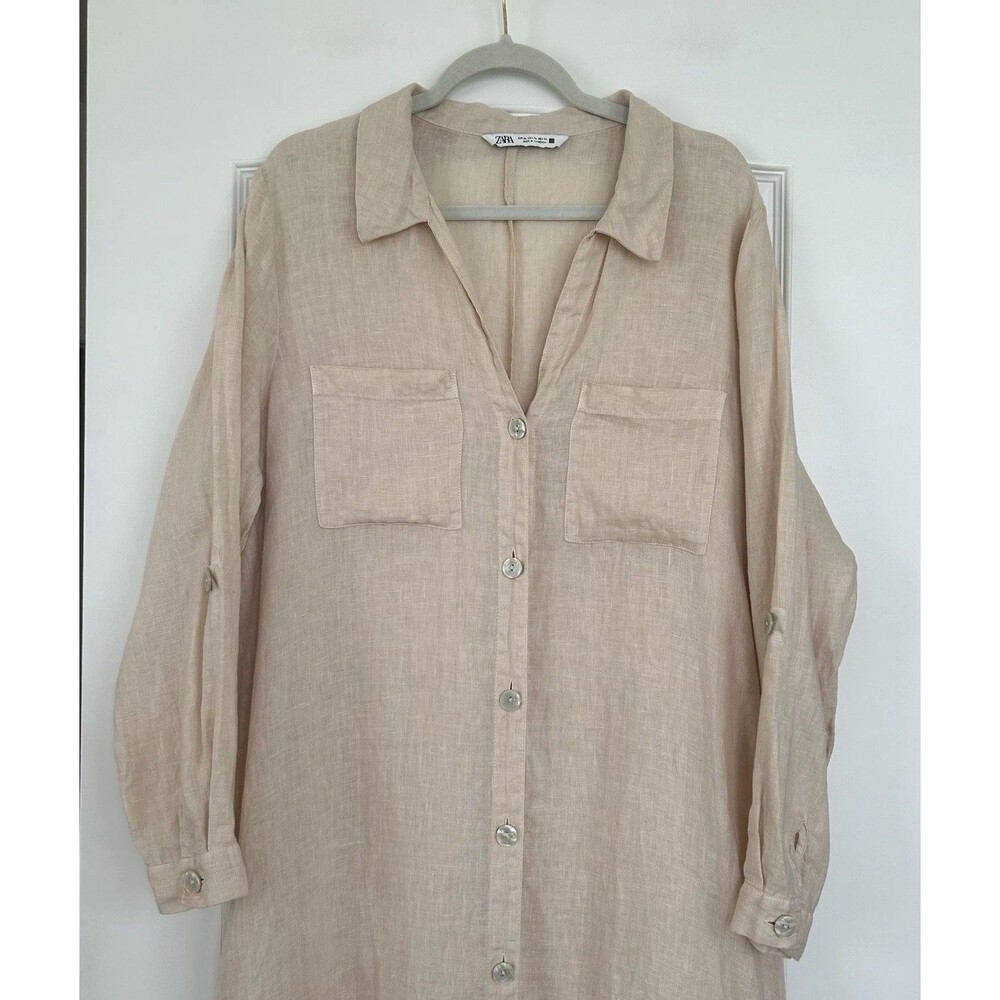 Zara Womens Linen Maxi Shirt Dress Sz XL Button Up Pink Beige Coastal Lagenlook